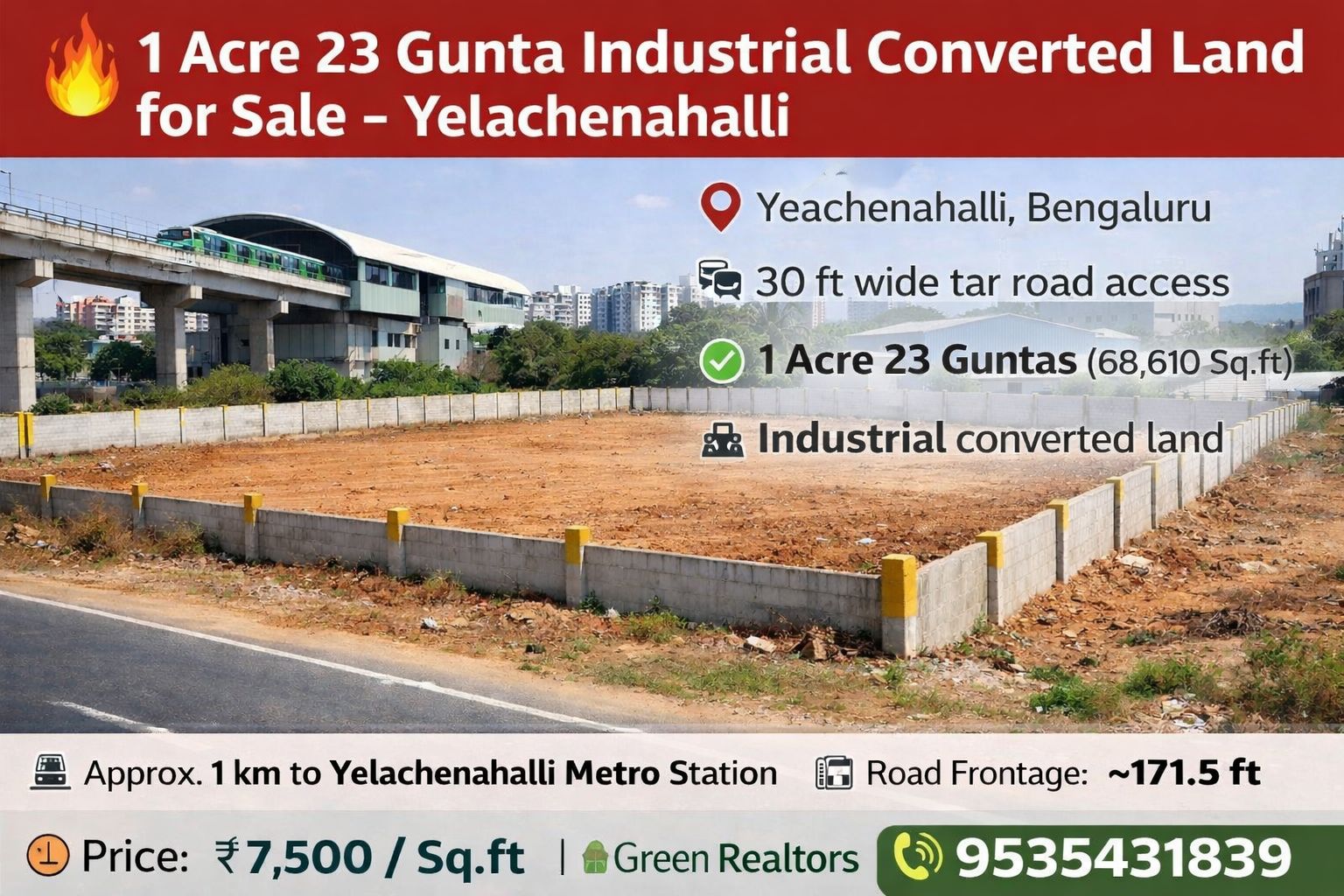 🆔 *PROPERTY ID – 5455* 🔥 *1 acre 23 gunta Industrial Converted Land for Sale – Yelachenahalli*